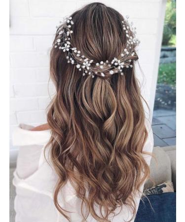 GORAIS Pearl Bridal Hair Vine Silver Crystal Wedding Headband Bride Hair Pieces Flower Hair Accessories for Women and Girls