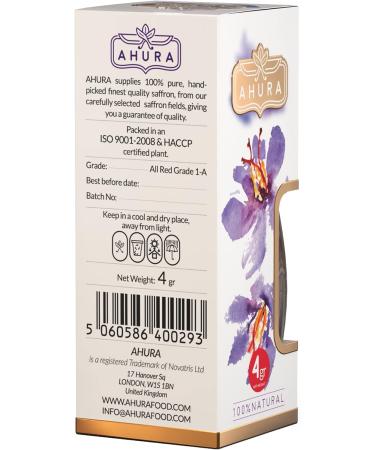 Ahura Finest Natural Saffron Threads - Pure Grade 1 All Red Saffron Spice - 4g Jar for Tea, Paella, Risotto, Pasta, Rice Cooking - No Additives - Buy Online on SooperMarket.com