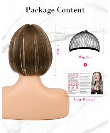 REECHO 11 Short Brown Bob Wig with Bangs - Synthetic Replacement Hair for Women - Chocolate Brown with Blonde Highlights - 11 Inch - Buy Online on SooperMarket.com