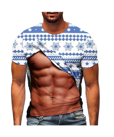 Funny Christmas T-Shirts for Adults Novelty Muscle Print T-Shirt 3D Fake Abs Top Round Neck Short Sleeve T-Shirt Tops 1-light Blue Large
