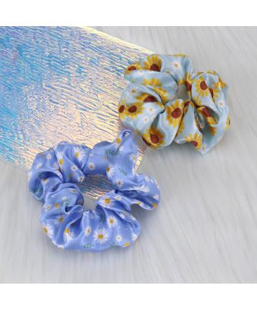Daisy Flower Blue Hair Scrunchies 2PCS - Women's Silk Hair Accessories & Ponytail Holder Bracelet - Buy Online on SooperMarket.com