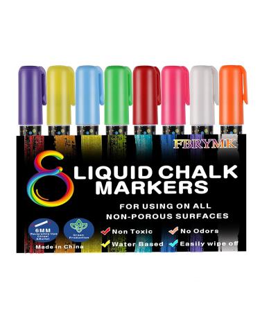 FBRYMK Liquid Chalk Markers Erasable - 8 Vibrant Colors, 6 mm Reversible Tip Chalk Markers for Chalkboard, Mirror, Car Window, Bistro Board, Any Non-Porous Surface