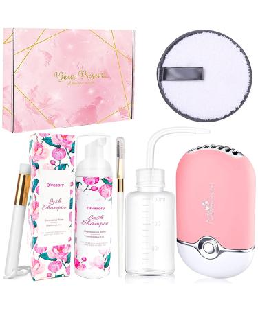 120ml/4.04fl.oz Eyelash Extension Cleanser, Lash Shampoo for Eyelash Extension Eyelash Brush with Cap USB Lash Fan Mascara Brush Wash Bottle Reusable Makeup Remover Pad, Paraben & Sulfate Free (Rose)