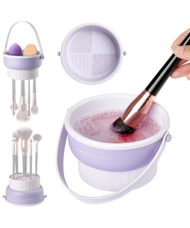 Makeup Brush Cleaner Bowl 3 in 1 Silicone Makeup Brush Cleaning Mat Tool with Brush Drying Holder Cosmetic Brush Cleaning Bowl with Removable Carrying Handle for Storage Dry & Cleaning Brushes