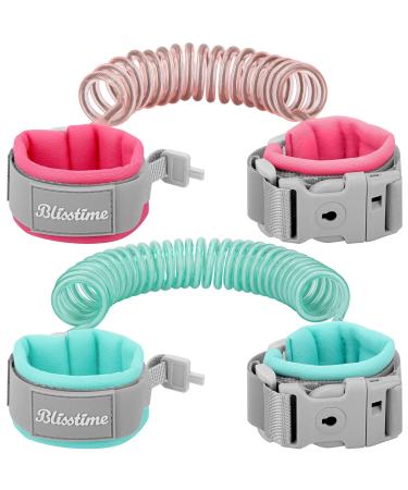Blisstime Toddler Leash, 2 Pack Kid Leash Anti Lost Wrist Link with Key Lock Baby Leash Harness for Toddler (Mint Green+Pink)
