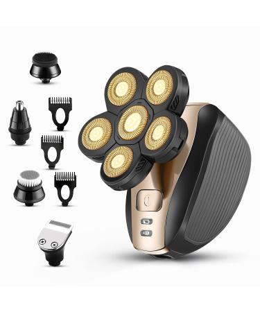 Head Shavers for Men Upgraded 5 in 1 Multifunctional Bald Head Shaver Grooming Kit Cordless Electric Razor for Men Rotary Mens Head Razor Rechargeable Razors for Bald Man Waterproof (Gold)