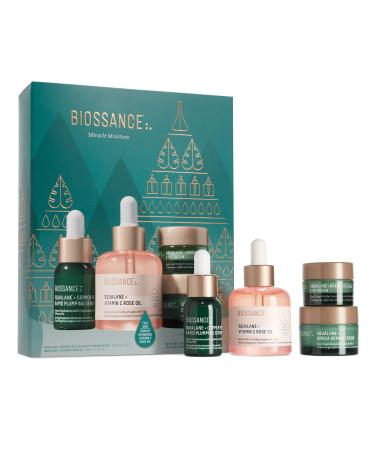 Biossance Miracle Moisture Set.Full Size Vitamin C Rose Oil (1.01 oz) + Travel Size Copper Peptide Serum (.4 oz) + Travel Size Omega Repair Cream (.5 oz) + Travel Size Marine Algae Eye Cream (.16 oz)
