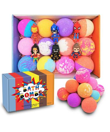 3.5oz Bath Bombs for Kids Organic Essential Oil 12 Bubble Colorful Fizzy Bath Bomb with 6 Superhero Toys Keychain(Outside) Christmas /Birthday Gift Set for Girls or Boys
