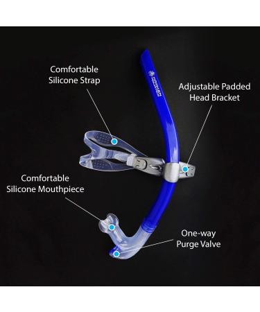 Kraken Aquatics Swim Snorkel - Adult Center Mount for Lap Swimming | Comfortable Silicone Mouthpiece | One-Way Purge Valve | Blue - Buy Online on SooperMarket.com