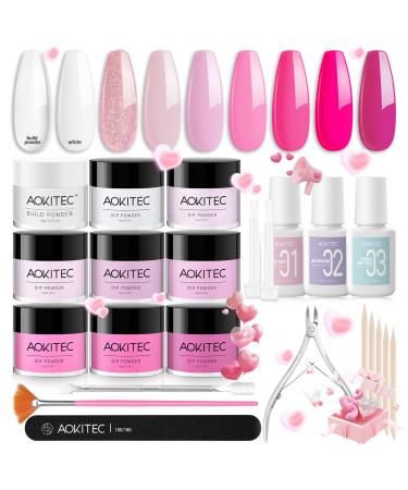Aokitec 8 Colors Dip Powder Nail Kit - Pink Lady Series Dipping Powder with Dip Powder Liquid Set for Valentine's Day Dip Base Activator Top Coat Build Powder Complete Gift Set for DIY Manicure A2 - 8+1 Pink Colors