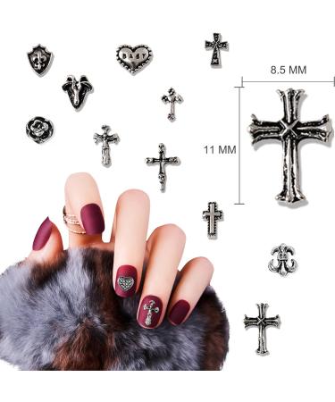 Punk Vintage Nail Charms Set - 72 Pcs 3D Cross, Stars, Hearts - Silver Chrome - DIY Nail Art Accessories for Women - Buy Online on SooperMarket.com