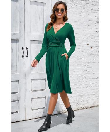 OUGES Women's Spring Casual Midi Dress with Long Sleeve V-Neck Floral Print and Pockets - Green - Buy Online on SooperMarket.com