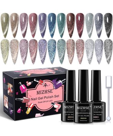 MIZHSE Reflective Glitter Cat Eye Gel Nail Polish 7ml  Sparkly Diamond Cateye Soak Off Gel Polish Magnetic Manicure Set for Nail Art Salon 12Pcs Reflective Cat Eye1