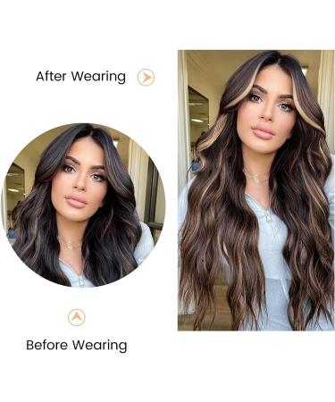 Long Brown Wavy Wig 24 Inch Highlight Wigs for Women Middle Part Curly Synthetic Hair Natural Looking Heat Resistant Fiber for Daily Party Use (Brown Mixed Blonde) - Buy Online on SooperMarket.com
