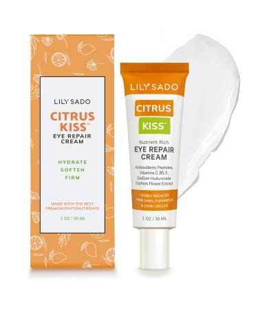 LILY SADO CITRUS KISS Eye Repair Cream - Antioxidant-Rich Natural Formula w/Peptides Sodium Hyaluronate and VITS C B5 & E - Prevents Puffiness Under-eye Wrinkles Discoloration & Eye Bags - 1oz