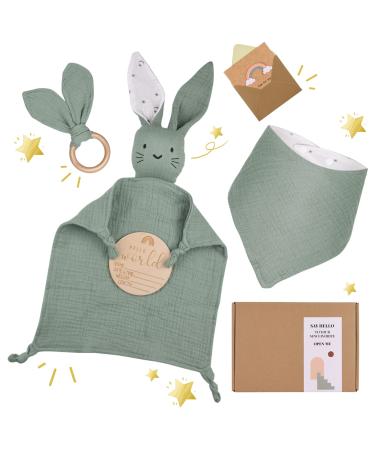Laferka baby gift boy & girls - newborn |For birth gift set with 100% cotton cuddling cloth+bibs+bite ring+wooden shield green