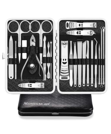 Manicure Set Professional Nail Clippers Kit Pedicure Care Tools 23pcs Stainless Steel Grooming Tools with Black PU Leather Case for Travel or Home (Black/Silver)