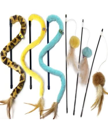 GingerUPer Cat Toy Cat Feather Toys Cat Teaser Wand and Cat Rainbow Wand Interactive Cat Toys for Indoor Cats Adult Kitten(6 Pack) Yellow