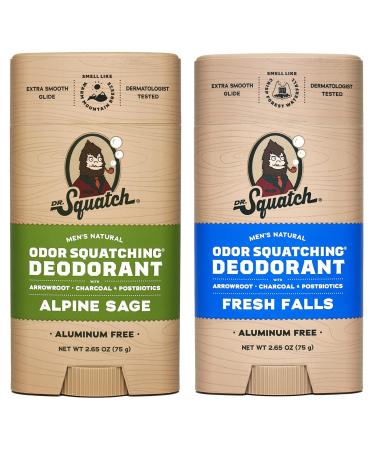 Dr. Squatch Natural Deodorant for Men  Odor-Squatching Men's Deodorant Aluminum Free - Alpine Sage + Fresh Falls (2.65 oz, 2 Pack)