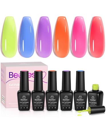 Beetles 6 Colors Jelly Gel Nail Polish Kit Jelly Tint Neon Translucent Sheer Red Hot Pink Purple Bright Blue Yellow Gel Polish Soak Off Uv Led Gel Nail Manicure Gel Polish for Women Neon Jelly Gel