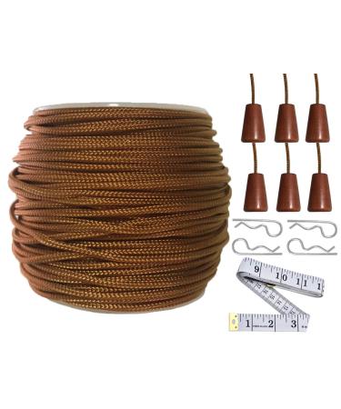 Y-Axis Roll of 60 Yards 2.0mm Light Brown (Bronze) Braided Nylon Lift Shade Cord with 6 Pack Brown Wood Cord Knobs + Soft Tape