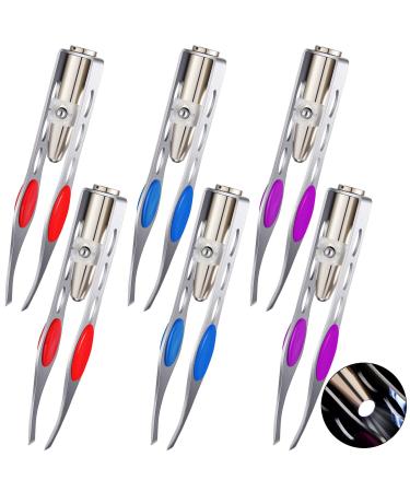 6 Pcs Light Tweezers Stainless Steel Tweezers with LED Light  Makeup Eyelash Eyebrow Hair Removal Tweezers Illuminating Lighted Tweezers for Precision Hair Removal Men Women (Red  Purple  Dark Blue)