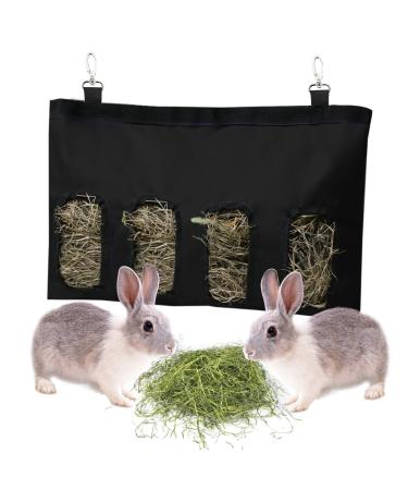 Rabbit Hay Feeder Bag Guinea Pigs Hanging Hay Rack Manger Holder Dispenser Small Animal Feeder Storage Pouch for Bunny Chinchilla Hamster (4 Windows Black) 4 Windows Black