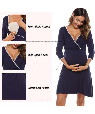 Sykooria Women's Cotton Nursing Nightdress | 3/4 Sleeves Maternity Labour Nightgown - Navy Blue XL - Buy Online on SooperMarket.com