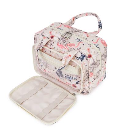 Full Size Toiletry Bag Large Makeup Bag Organizer Travel Cosmetic Bag for Women (Beige Flamingo)
