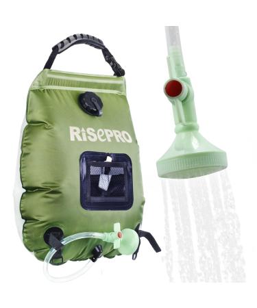 RISEPRO Solar Shower Bag, 5 gallons/20L Solar Heating Premium Camping Shower Bag Hot Water with Temperature 45C Removable Hose on/Off Switchable Shower Head Hiking Climbing Summer Shower K8 Green