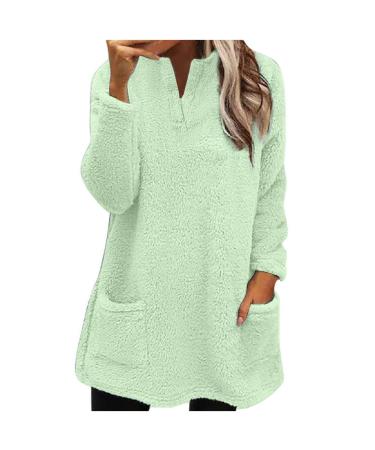 AMhomely Ladies Womens Soft Teddy Fleece Hooded Jumper Plus Size Double Fleece Casual Hoodies With Pocket V Neck Soft Fleece Hooded Sweatshirts Plain Pullover Tops Winter Lightweight Lounge Tops 03 Green S