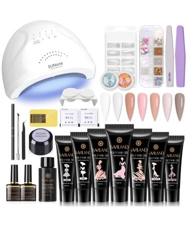 Saviland Poly Nail Gel Kit - All-in-One Nail Kit with 7 Colors Pink Series Nail Extension Gel 48W Nail Lamp Gel Foundation Base & Top It Off Slip Solution Nail Decorations Manicure Tools Kit for Nail Salon Home DIY 7 Color…
