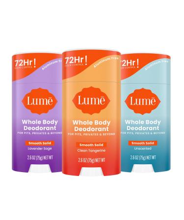 Lume Whole Body Deodorant - Smooth Solid Stick - 72 Hour Odor Control - Aluminum Free Baking Soda Free and Skin Safe - 2.6 Ounce (Pack of 3) (Clean Tangerine Lavender Sage Unscented) Lavendar Sage Clean Tangerine Unscented 2.6 Ounce (Pack of 3)