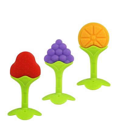 RaZbaby Infant & Baby Massager & Teether Toy 3-Pack Fruit-Shaped Multi-Texture Teethers Soothe Sore Gums Non-Toxic BPA-Free Food-Grade Silicone Hands-Free & Easy to Hold Safe to Freeze 3M+