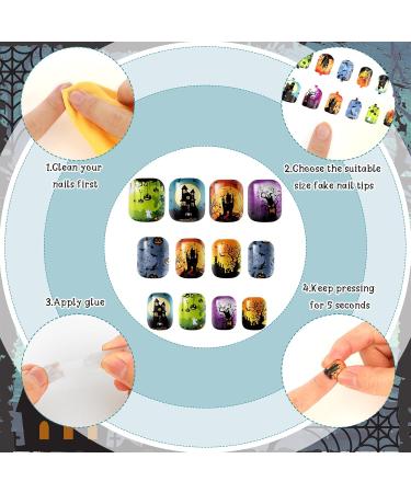 384 Pcs Halloween Press On Nails - Ghost Pumpkin & Spider Patterns | Short Coffin Style Nail Tips for Women - Buy Online on SooperMarket.com