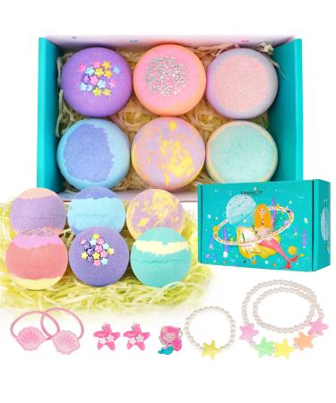 Canvalite Kids Bath Bombs with Surprise Inside 6 Pcs Handmade Bath Bombs Kits Mermaid Gifts for Girls Skin Friendly And Safe Natural Bath Bombs Spa Fizzy Bubble Bath with Little Girls Jewelry