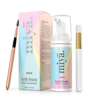 Eyelash Extension Cleanser + Rose Gold Mascara Wand & Brush | Eyelid Cleanser | Lash Bath | Paraben & Sulfate Free Makeup Remover Lash Cleanser for Extensions | Salon & Home | Miya Lash Shampoo 50ml
