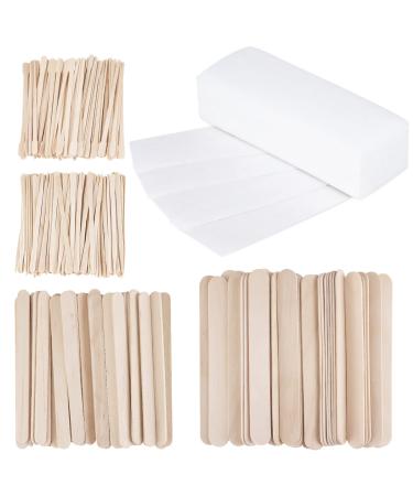 400Pcs Wax Strips Sticks Kit BOJVESH 300 Small Medium Large Wooden Wax Applicator Sticks Eyebrow Wax Spatulas and 100 Non-Woven Paper Wax Strip for Face Body Hair Removal Women Men