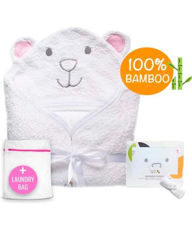 JM Organic Bamboo Hooded Baby Towel Set - Hypoallergenic & Absorbent - Perfect Baby Gift - Pink Bear Design - Includes Washcloth & Laundry Bag - 35x35 inches - Buy Online on SooperMarket.com