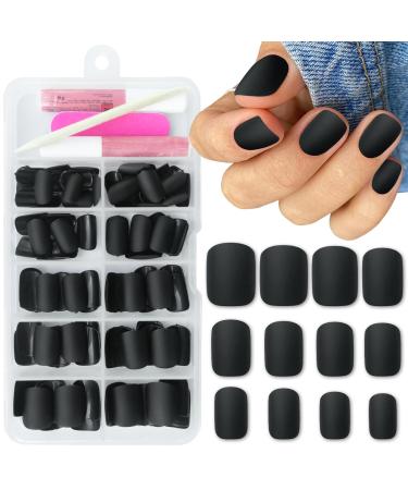 Short Press on Nails Square 120Pcs Matte Color Fake Nails Full Cover Acrylic Glue on Nails Artificial False Nail with Adhesive Tabs for Women Girls Fingernails Design Black Nails