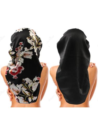 Cy SHWAILLT Big Satin Bonnet Silk Bonnet for Sleeping Satin Hair Bonnets for Women Elastic Band Sleep Cap for Women Curly Hair Long Hair(Black+Pattern) Black+Morning glory pattern