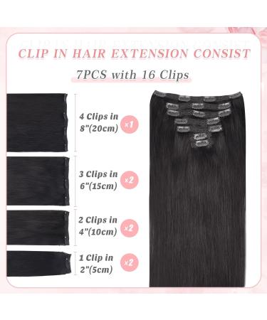 Vlasy Clip in Hair Extensions 16 Inch - Black Brown Human Hair 7 Pcs Seamless Straight Clip in Extensions for Women - Buy Online on SooperMarket.com