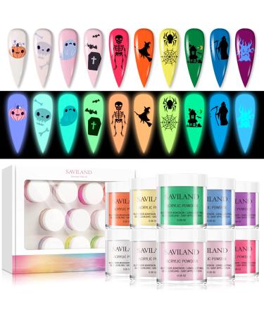 Saviland Acrylic Powder Set Glows in the Dark Acrylic Nail Powder 10 Luminous Colors Professional Polymer Powder for Nail Extension Nail Carving, Halloween Nails Design, Fall French Nails, Gift for Women A-Luminous glows i