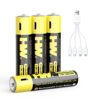 HW Rechargeable Li-ion AAA Battery Li-ion USB Rechargeable AAA Battery Constant Output 1.5V 1 Hour Fast Charge with USB Cable 1000 Cycles Charge Life-Span 4 Packs 4 Count (Pack of 1)
