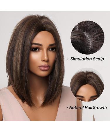 Allbell Brown Bob Wig with Blonde Highlights - Short Straight Synthetic Hair Middle Part for Women - Buy Online on SooperMarket.com