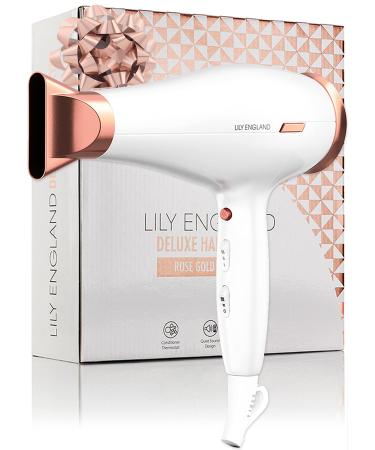 Lily England Lightweight Hair Dryer - Quiet Hairdryer with Cold Setting for Shine Boost Hairdryers for Women Multiple Heat & Speed Settings White & Rose Gold