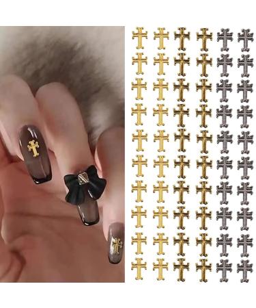 RUNRAYAY 60Pcs Cross Nail Art Studs for Nail Art Accessories Gold & Silver & Gray 3D Metal Retro Punk Nail Charms Cross Shape Nail Decoration for Women Girl DIY Nail Art Decor