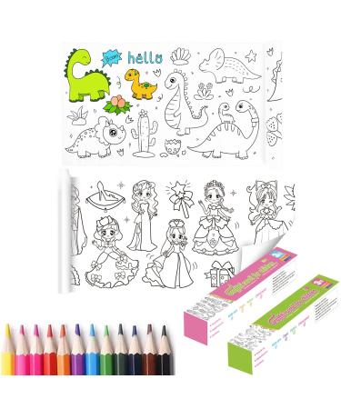 2PCS Childrens Drawing Roll,Drawing Roll Paper for Kids,Childrens Coloring Roll,Coloring Paper Roll for Kids,Drawing Roll Paper for Kids Sticky(Cute Princess+Dinosaur Paradise+12 Colored Pencils)