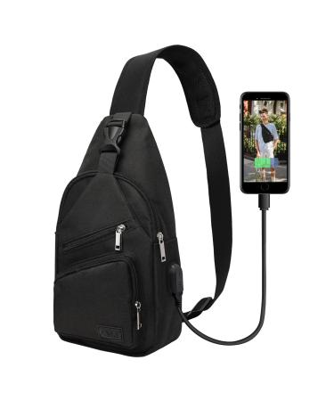 AMJ Sling Bag for Men Women Shoulder Backpack Chest Bags Crossbody Daypack with USB Cable for Hiking Camping Outdoor Trip Small (13" x 6.7" x2.76") Black