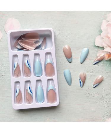 Blue Almond Shape Press on Nails with Wave Designs | Medium Length French False Nails for Women - Buy Online on SooperMarket.com